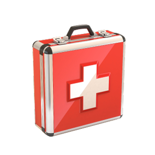 A red first aid kit with a white cross