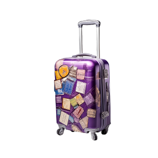 Purple suitcase with travel stickers